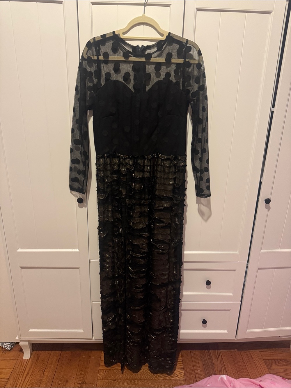 Black Polka Dot Mesh & Ruffle Evening Dress